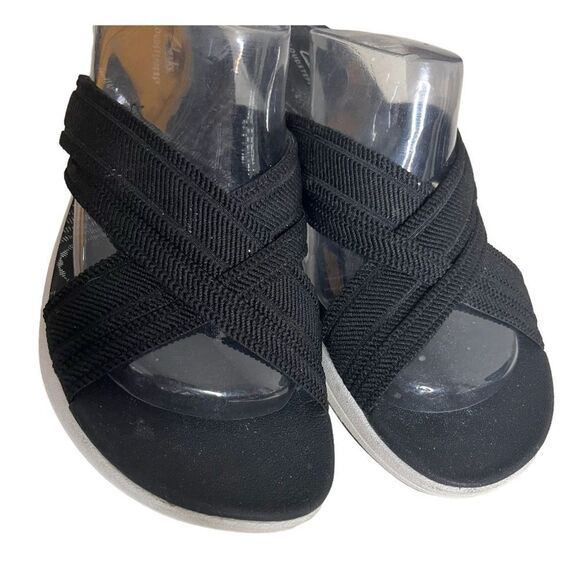 CLARKS Sandals Mira Isle Slide Black White Cloudsteppers Textile Upper Size 10 - Picture 3 of 9